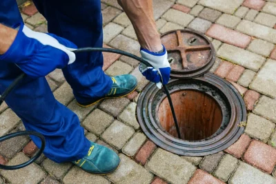 Plumber cleaning an outdoor sewer drain in Greeley