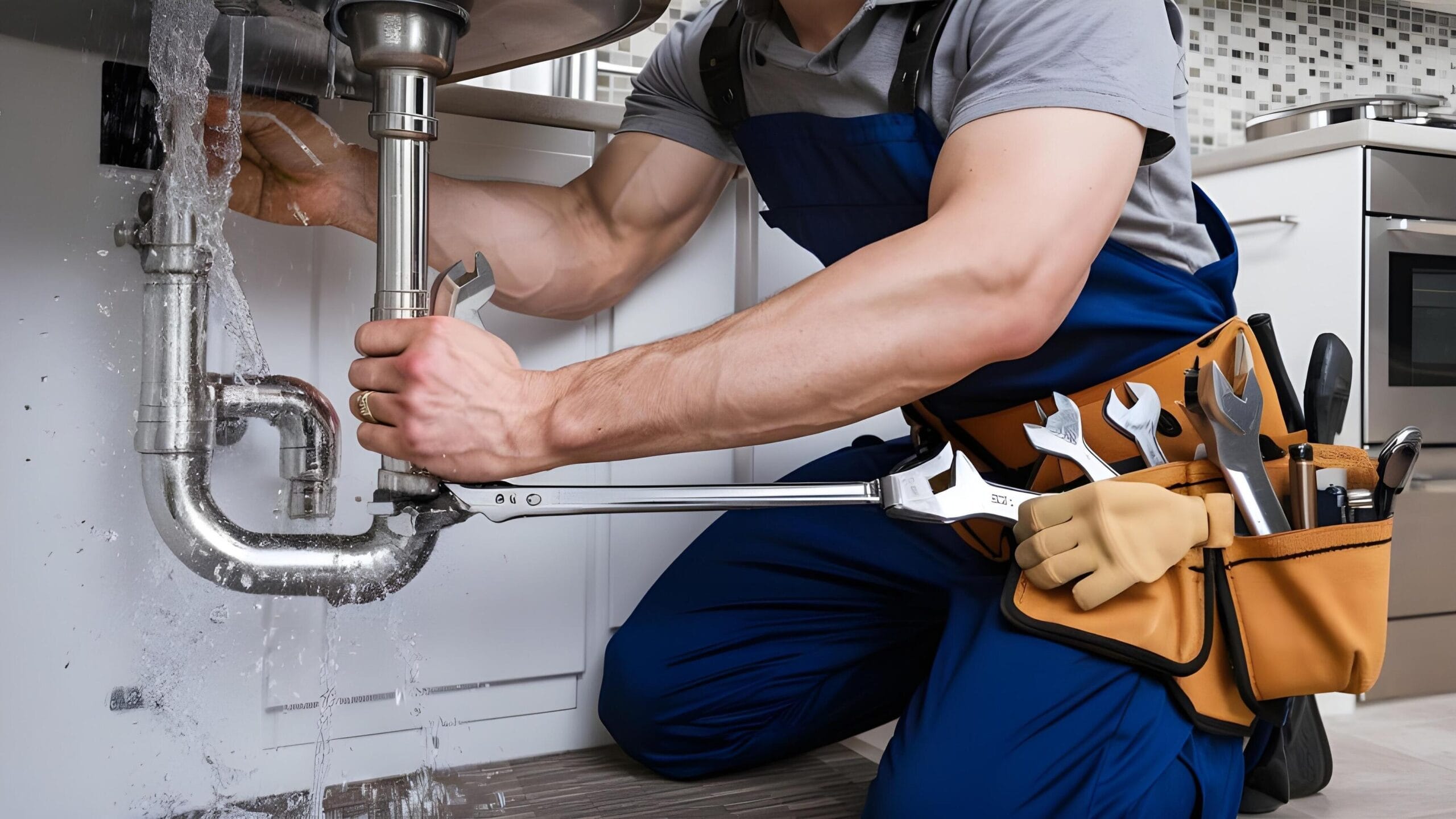 Plumber tightening a residential plumbing pipe in Greeley