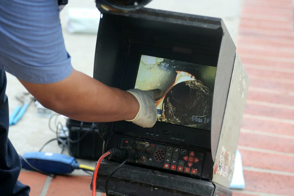 Technician viewing a drain inspection camera in Greeley